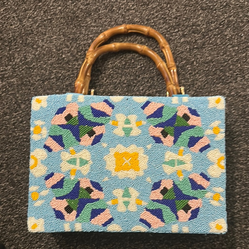 Blue Beaded Handbag with Bamboo Handles